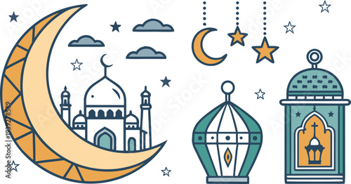 A whimsical illustration depicting islamic elements like a crescent moon mosque and lanterns
