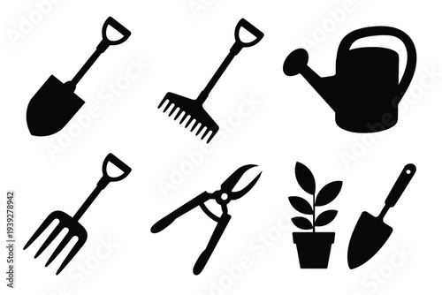 Set of six black gardening tools and a potted plant