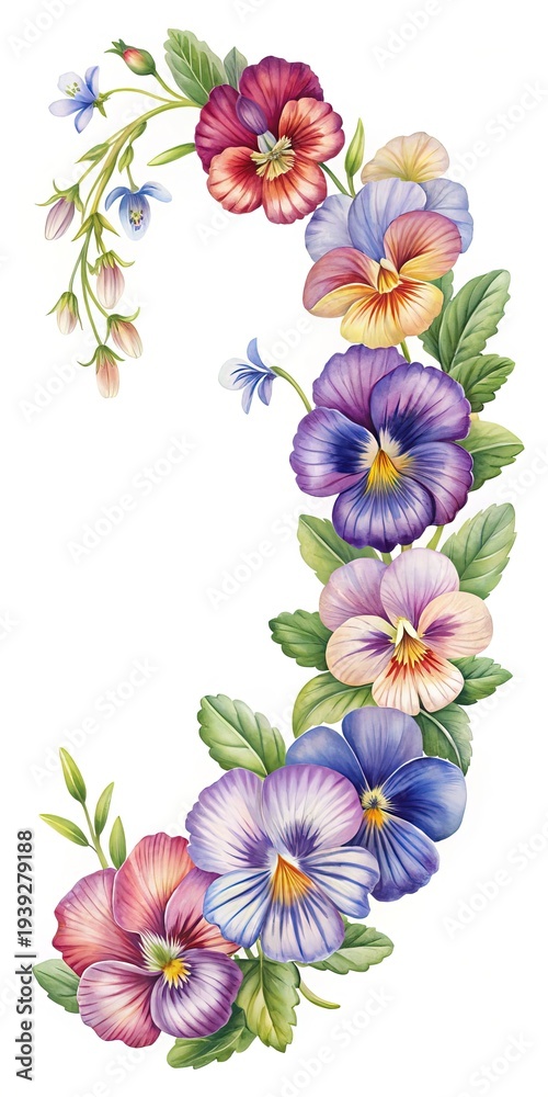 Fototapeta premium A vibrant watercolor illustration showcasing a crescent arrangement of pansy flowers