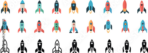 Modern Rocket Ship Icon Set in Flat Style for Space Launch and Technology Concepts