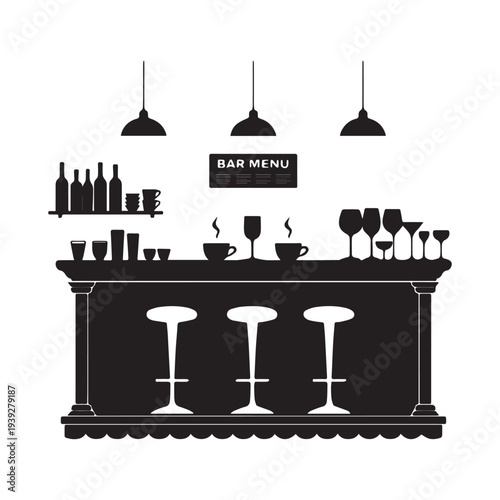 Modern Bar Counter Interior Silhouette With Stools Bottles Glasses And Hanging Lamps.