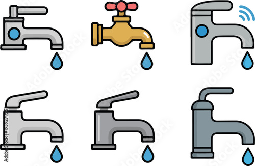 Water Faucet and Tap Icons Set Featuring Modern and Vintage Plumbing Fixtures for Home and Eco Design