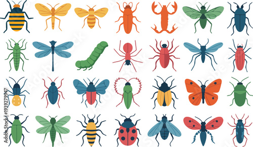 Entomology Icon Collection Featuring Butterflies, Beetles, Ants, Dragonflies, Bees, and Spiders in Colorful Flat Vector Style