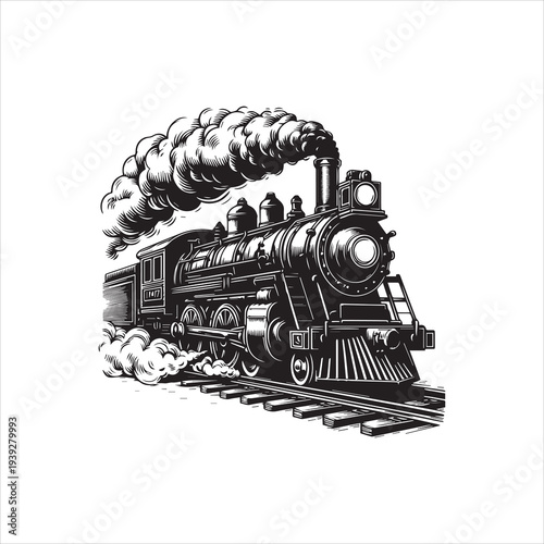 A black and white vector illustration of a vintage steam train with smoke and steam, on railroad tracks, rendered in a detailed graphic design style against a clean white background.