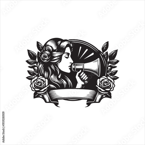 Black and white illustration of a woman holding a megaphone surrounded by roses and leaves with a banner at the bottom on a plain background.