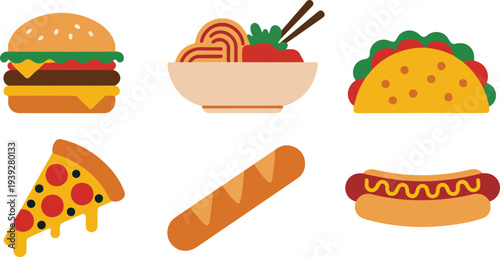 International Fast Food And Street Food Icon Collection Featuring Burger Pizza Taco Onigiri Pasta Baguette Hot Dog Croissant Dumpling