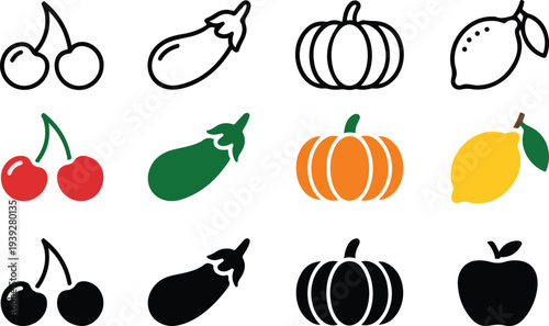 Fresh Fruit And Vegetable Vector Icon Set With Cherry Eggplant Pumpkin Lemon For Grocery Market And Healthy Food Design