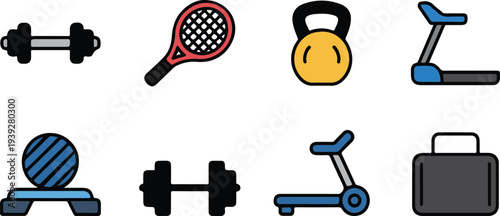 Fitness And Gym Equipment Icon Set Featuring Dumbbell Kettlebell Treadmill Tennis Racket And Step Platform For Sport Training