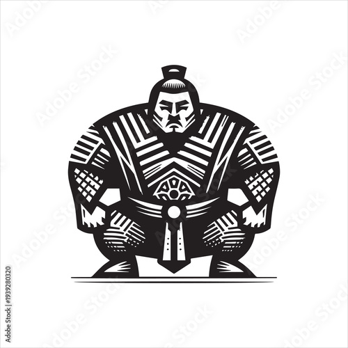 A black and white vector illustration of a sumo wrestler in traditional loincloth and armor, with a serious expression, standing against a clean white background.