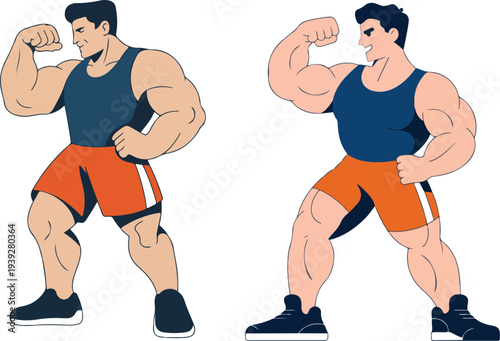 Muscular Athletic Man Performing Dynamic Action Pose Wearing Tank Top And Shorts Strong Body Language Fitness Illustration