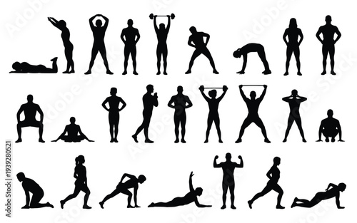 Black silhouettes of people performing various exercises