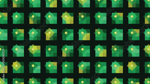 abstract geometric pattern features a modern grid of emerald green and lime squares with diamond overlays, creating a minimalist digital background for creative graphic design projects