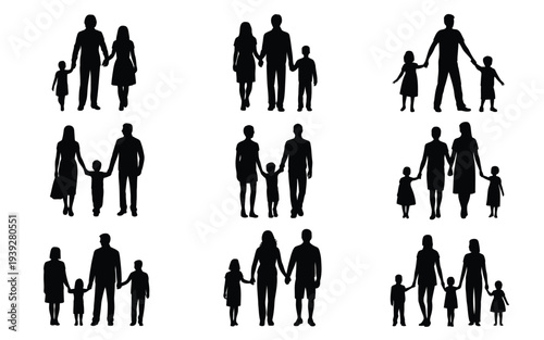 Black silhouettes of various family groups parents