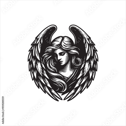 Black and white vector illustration of a woman's face with wings, showcasing a logo design on a white background with graphic elements.