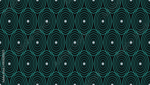 modern teal and black seamless geometric pattern featuring hypnotic concentric ovals and digital grid lines, perfect for futuristic web backgrounds and retro textile graphic designs