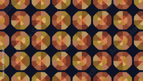Warm gold and bronze faceted geometric octagon pattern on dark background creates a sophisticated mosaic texture for luxury branding, interior decor wallpaper, and abstract web design