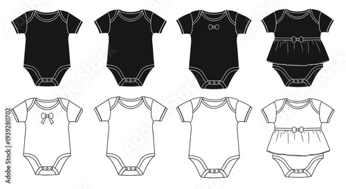Collection of black and white baby bodysuit and romper designs