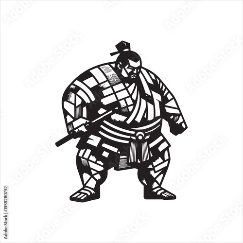 A black and white vector illustration of a sumo wrestler in traditional loincloth and topknot, holding a sword against a plain background, with a geometric design.