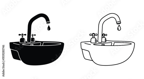 Two black and white illustrations of bathroom sinks with dripping faucets