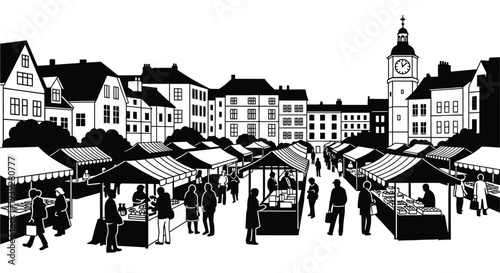 A bustling european town square features a market with numerous stalls
