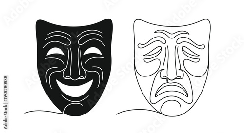 Two theatrical masks representing comedy and tragedy are shown side by side