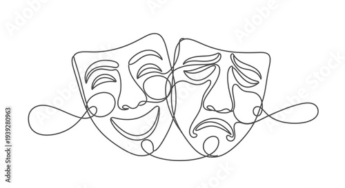 Dramatic masks representing comedy and tragedy in a continuous line drawing