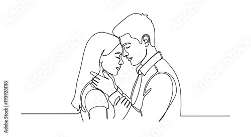 A continuous line drawing depicts a couple embracing tenderly in love