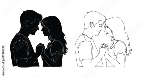 Couple in love a contrasting black and white line art illustration
