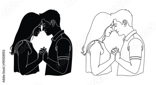 Couple embracing in a minimalist black and white line art illustration