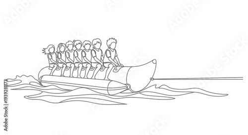 Line drawing of a rowing team in a racing shell on water