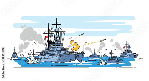 Naval battle scene with warships exchanging fire on the open sea