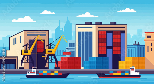 Container Ship Port With Cranes Loading Cargo, Industrial Harbor Scene, Global Logistics