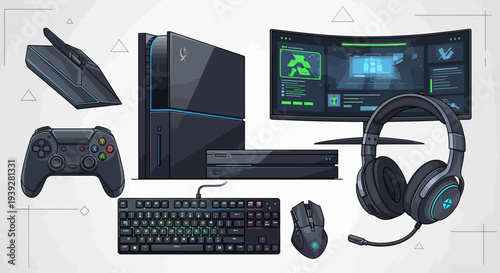 Gaming Setup: PC, Monitor, Keyboard, Mouse, Controller, Headphones