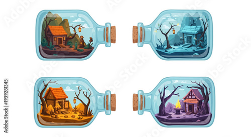 Four Seasons Miniature Worlds in Bottles, Pixel Art Collection