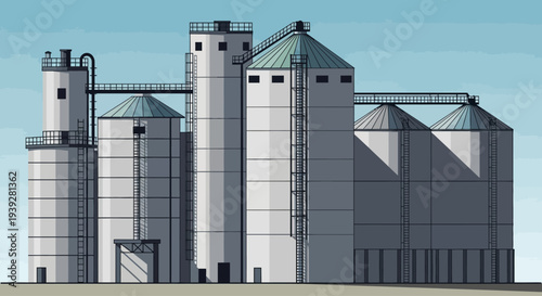 Industrial grain silos complex, agricultural storage facility, modern farm infrastructure