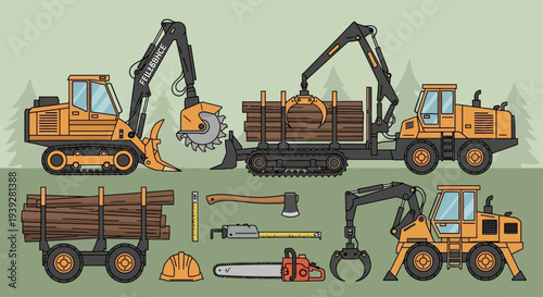 Logging Equipment and Tools: Excavators, Trucks, Chainsaw, Axe, Hard Hat