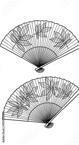 Vintage Japanese Folding Fan with Floral Design, Black and White Illustration