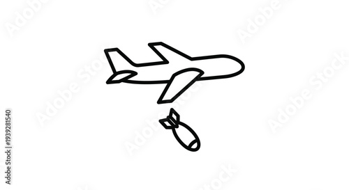 Simple line drawing depicts an airplane dropping a bomb