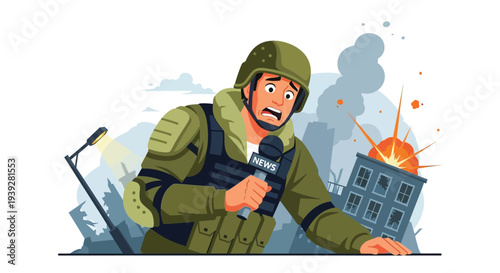 A reporter delivers live news coverage amidst a chaotic war torn cityscape