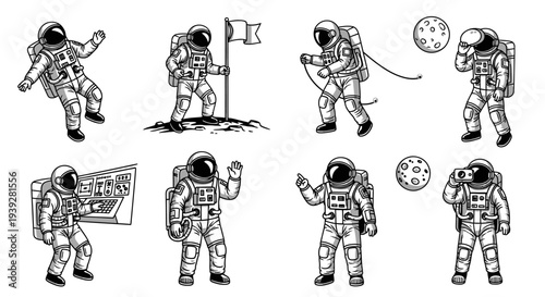 Astronauts in Space: Diverse Poses and Activities on Moon Surface