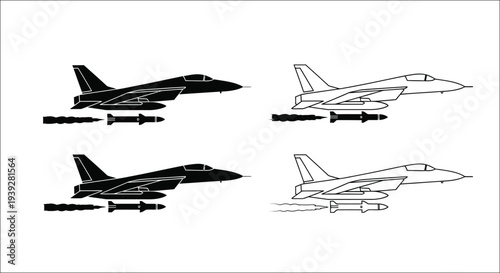 Four depictions of a fighter jet in flight varying in detail