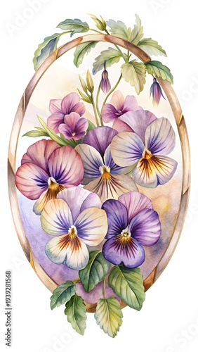 Watercolor Painting of Purple and Pink Pansies within an Oval Frame