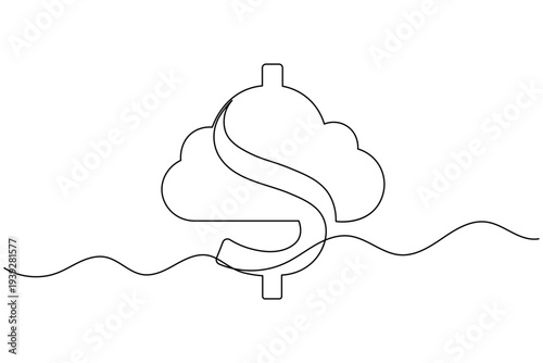 Dollar sign with cloud continuous one line drawing and isolated outline vector illustration