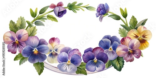 Watercolor oval floral wreath with violets, pansies and greenery for greeting cards