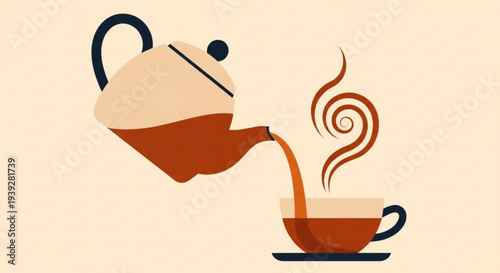 Brown teapot pouring hot coffee into a matching cup on a saucer with steam rising against a beige background