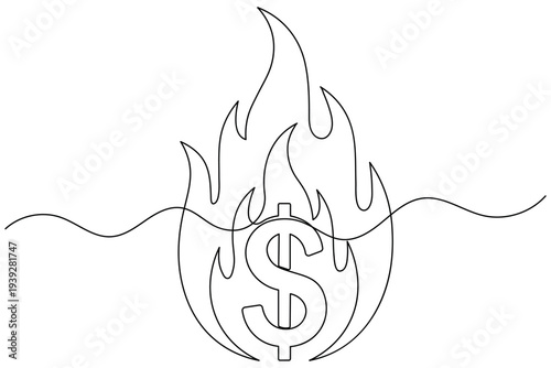 Dollar sign with fire flame continuous one line drawing and isolated outline vector illustration