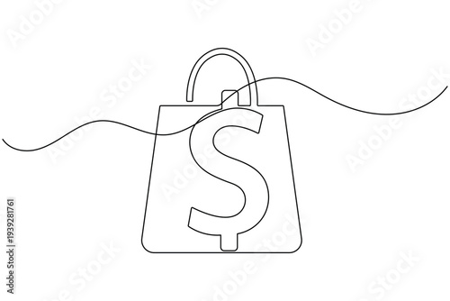 Dollar sign with shopping bag continuous one line drawing and isolated outline vector illustration