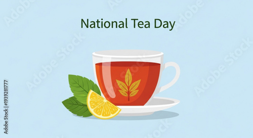 National tea day illustration with cup of tea lemon and leaves on light blue background