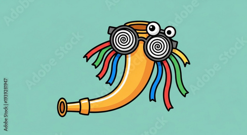 Colorful cartoon party horn with swirly eyes and multicolored ribbons on teal background for celebrations
