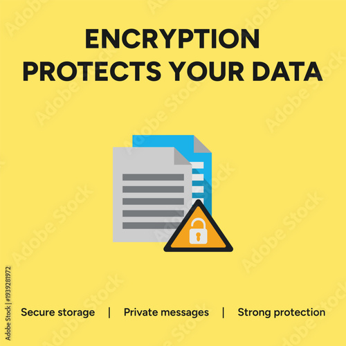 Simple vector illustration graphic depicting digital documents protected by a security alert sign featuring an unlocked padlock symbolizing data encryption defense against threats.
